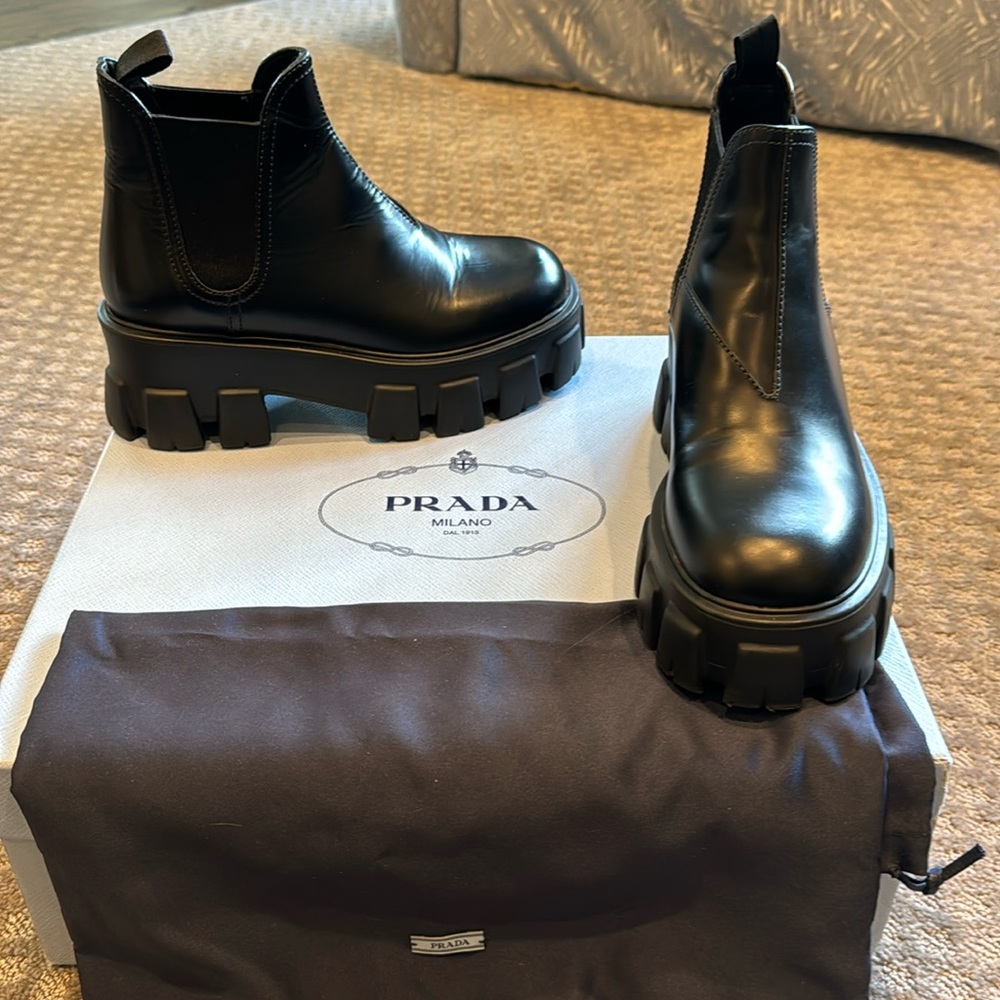 Brand New Prada Chelsea Black Leather  Boots size 6.